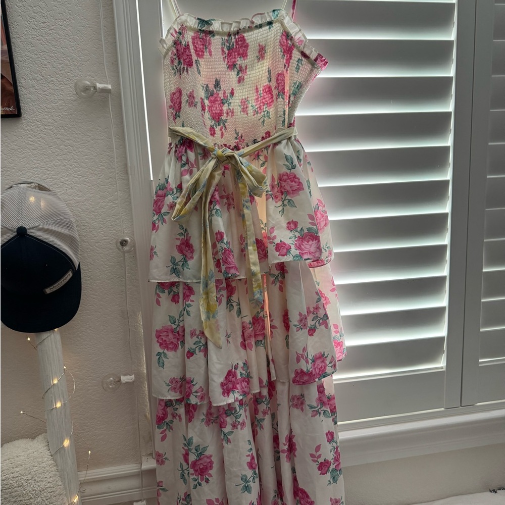 LoveShackFancy Floral Maxi Dress in Pink and Cream